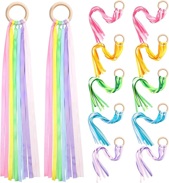 Deekin 12 Pcs Rainbow Ribbon Wooden Waldorf Toys Creative Waldorf Hand Kite Set Streamers with Wood Ring Sensory Learning Educational Toy for Playroom Dancing Birthday(Cute Color)