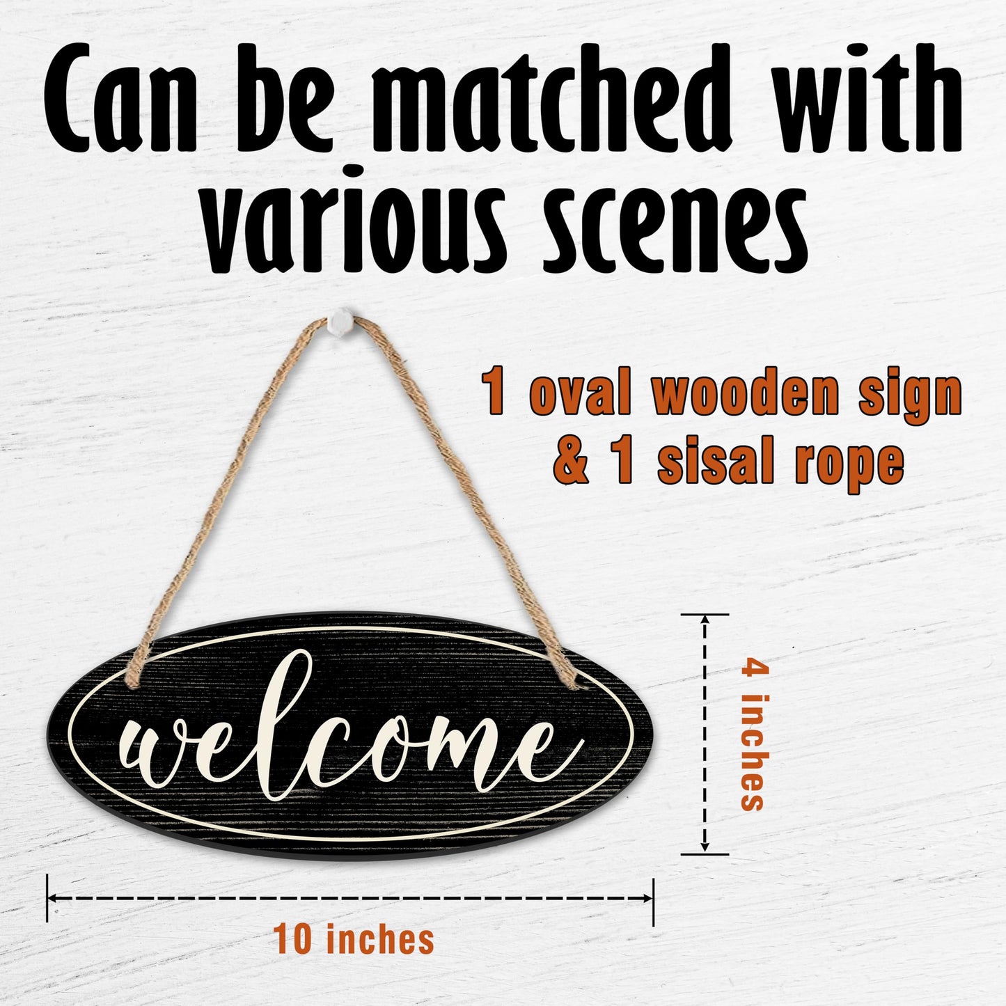 Welcome Sign - 4"X10“ Oval Wooden Hanging Sign With Sisal Ropes, Home & Office, Front Door Yard Sign, Indoor Outdoor Wall Decor & Accessories (Black & White) - B03