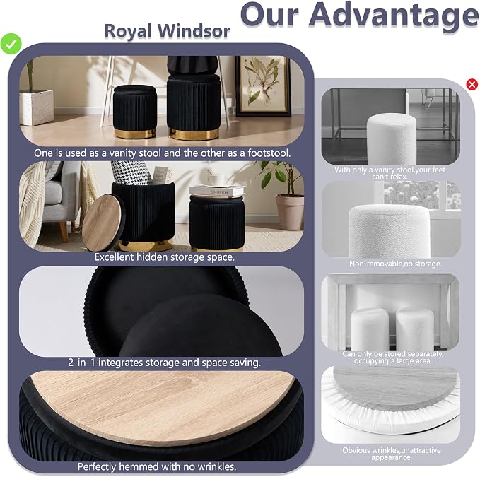 Royal Windsor Round Ottoman with Storage Set of 2, Vanity Stool with Storage for Bedroom, Ottoman Coffee Table Gold-Tone Ring Around The Base, Small Velvet Foot Stool for Living Room, Black
