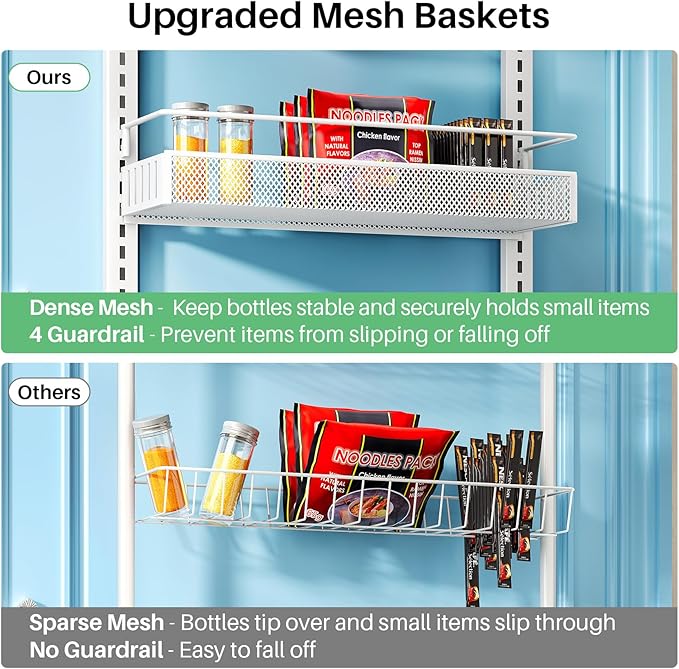 SNTD 8 Tiers Over the Door Organizer - Height Adjustable Pantry Organizers and Storage with Dense Mesh Baskets, Anti-Swing Hanging Door Spice Rack for Kitchen Bathroom (White, 17" W x 6" D x 69" H)