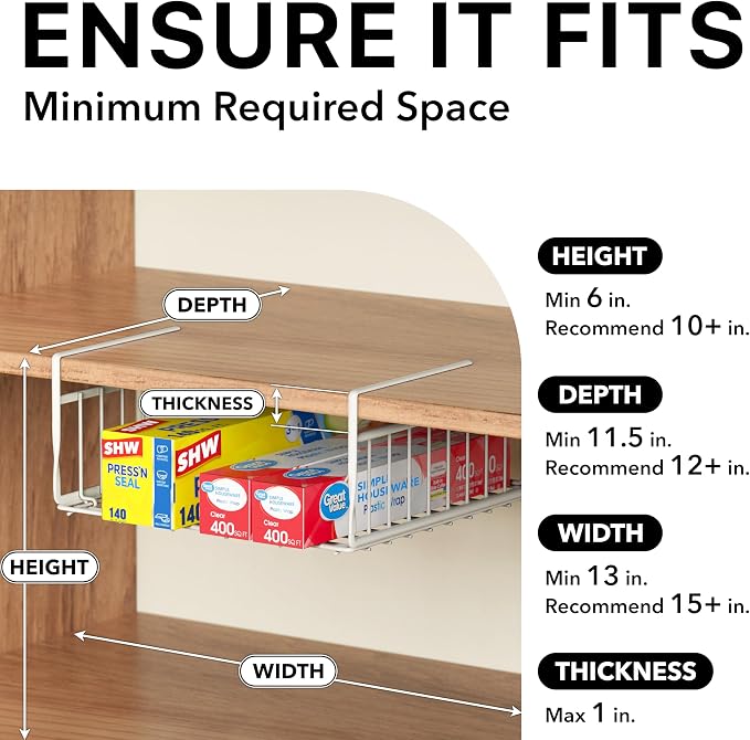 Simple Houseware Under Shelf Basket, White – 2-Pack Space-Saving Storage Organizer for Kitchen, Pantry, Closet, Office – Wire Metal Shelf Organizer, No Tools Required