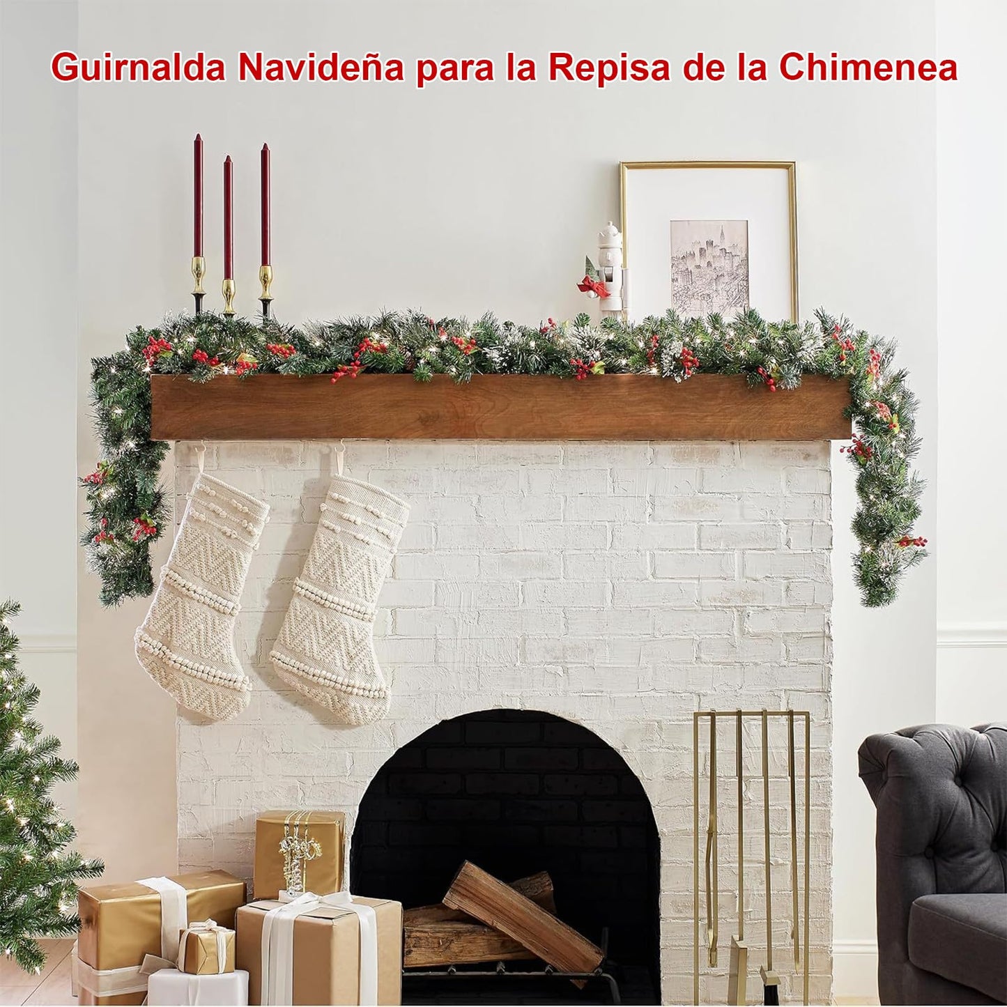 Christmas Garland with Lights - 9FT Pre-Lit Flocked Garland with 50 LED Bulbs, Red Berries, Pine Cones, Artificial Pine Battery Operated Garland for Fireplace, Staircase, Indoor & Outdoor Decoration