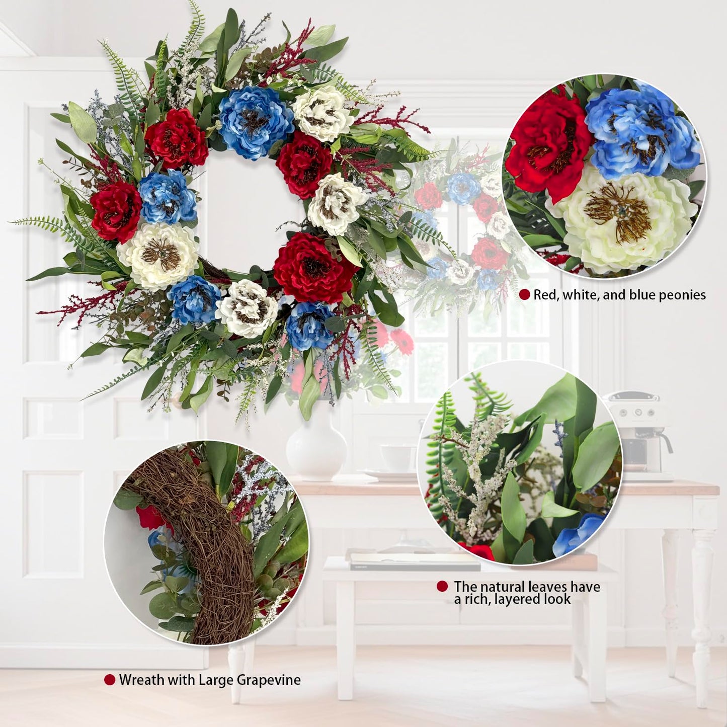 24 Inch Patriotic Wreaths for Front Door, 4th of July Wreaths for Front Door, Peony Eucalyptus Patriotic Summer Flag Wreath Handcrafted Memorial Day Artificial Flowers Wreath for Indoor and Outdoor
