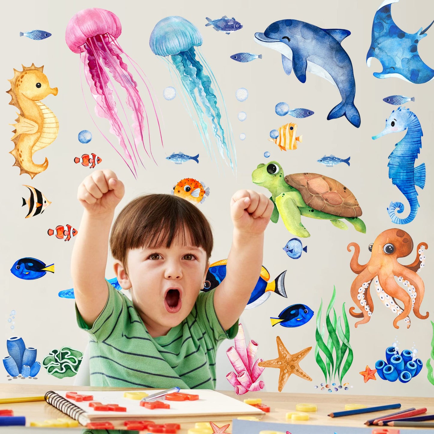 4 Sheets Ocean Fish Wall Decals Stickers Sea Wall Decal Stickers Removable Sea Life Marine Animal Sticker Underwater Ocean Creatures Decor for Kids Girls Boy Nursery Bedroom Bathroom