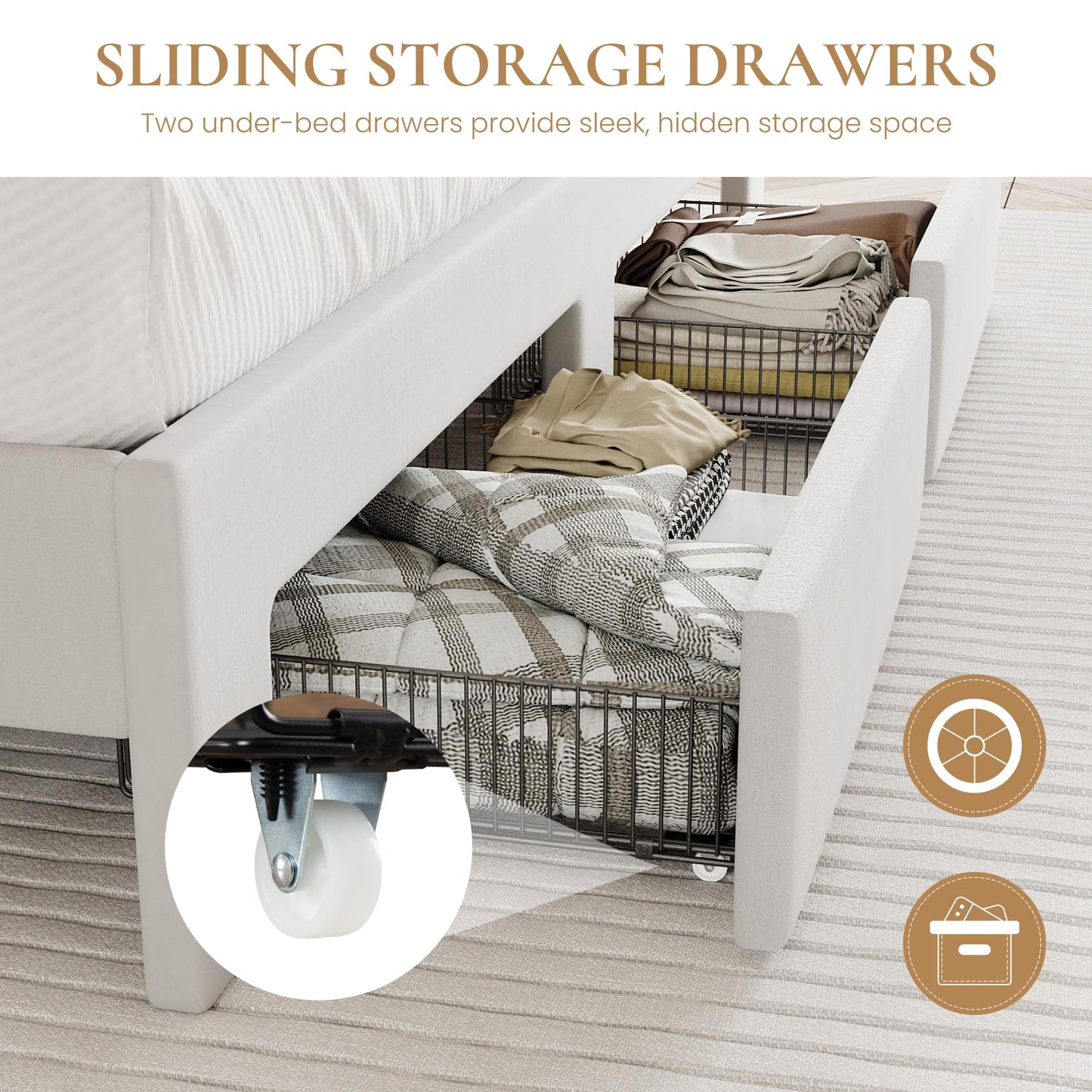 SHA CERLIN Velvet King Size Bed Frame with Vertical Channel Tufted Wingback Headboard & 2 Storage Drawers/2-Tier Shelves with LED Lights & Charging Station/Noise-Free/No Box Spring Needed/White