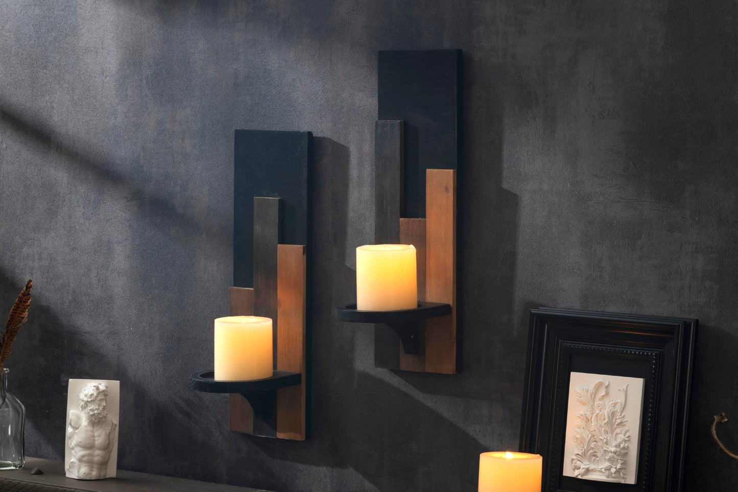 AimtoHome Wood Rustic Candle Sconces, Set of 2 Wall-Mounted Pillar Candle Holders, Antique Classical Wooden Candleholder for Farmhouse, Fireplace, Living Room, Bedroom, Rustic Home Decor
