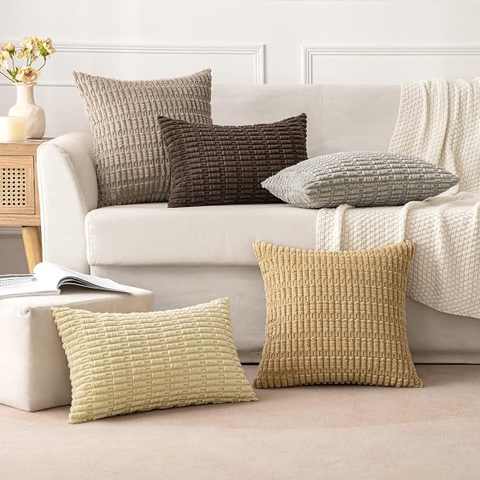 MIULEE Pack of 2 Corduroy Decorative Throw Pillow Covers 16x16 Inch Soft Boho Striped Pillow Covers Modern Farmhouse Home Decor for Sofa Living Room Couch Bed Beige