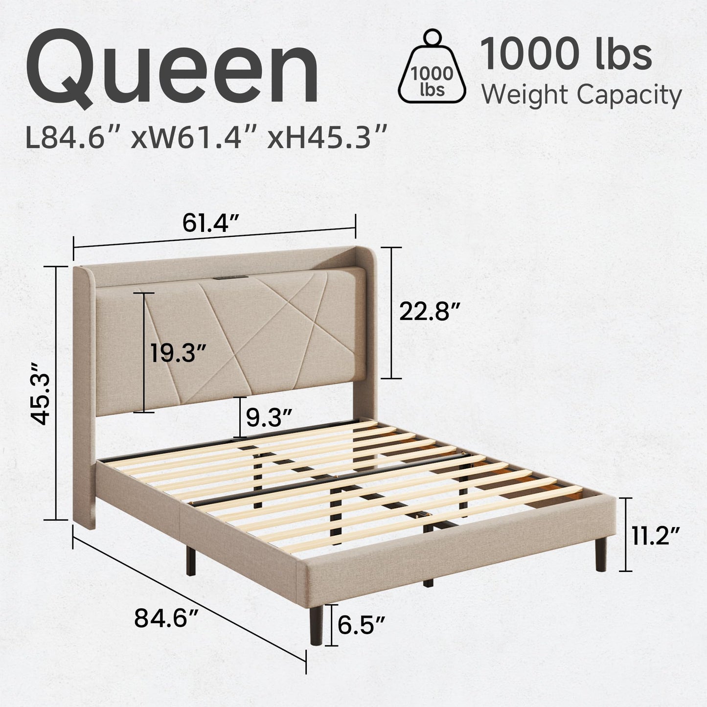 Queen Size Linen Bed Frame, Storage Headboard with Charging Station, Upholstered Platform Bed with Wooden Slats Support, Solid and Stable, Noise Free, No Box Spring Needed, Easy Assembly, Beige