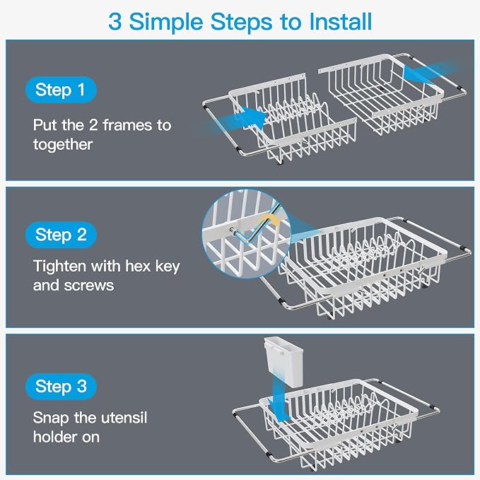 JASIWAY White Expandable Stainless Steel Dish Drying Rack Over The Sink for Small Kitchen, Counter Space Saving Compact Plate Drainer Strainer, Adjustable Hanging Metal Dish Dryer with Utensil Holder