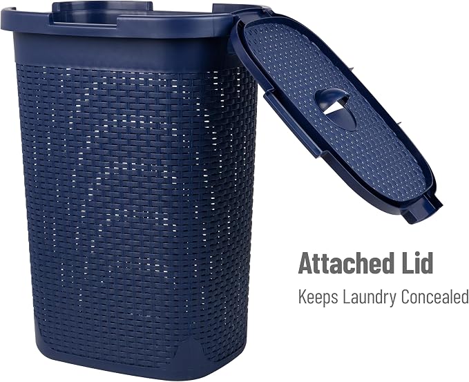 Mind Reader Slim Laundry Hamper with Lid, 60L Tall Clothes Basket, Narrow Tapered Design for Bathrooms, Closets and Laundry Rooms, Plastic, Navy