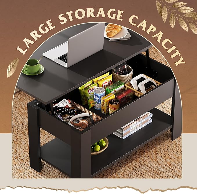 WLIVE Coffee Table, 39" Lift Top Coffee Table with Hidden Compartment, Storage Shelf and Lifting Top for Home Living Room, Office and Reception Room, Black