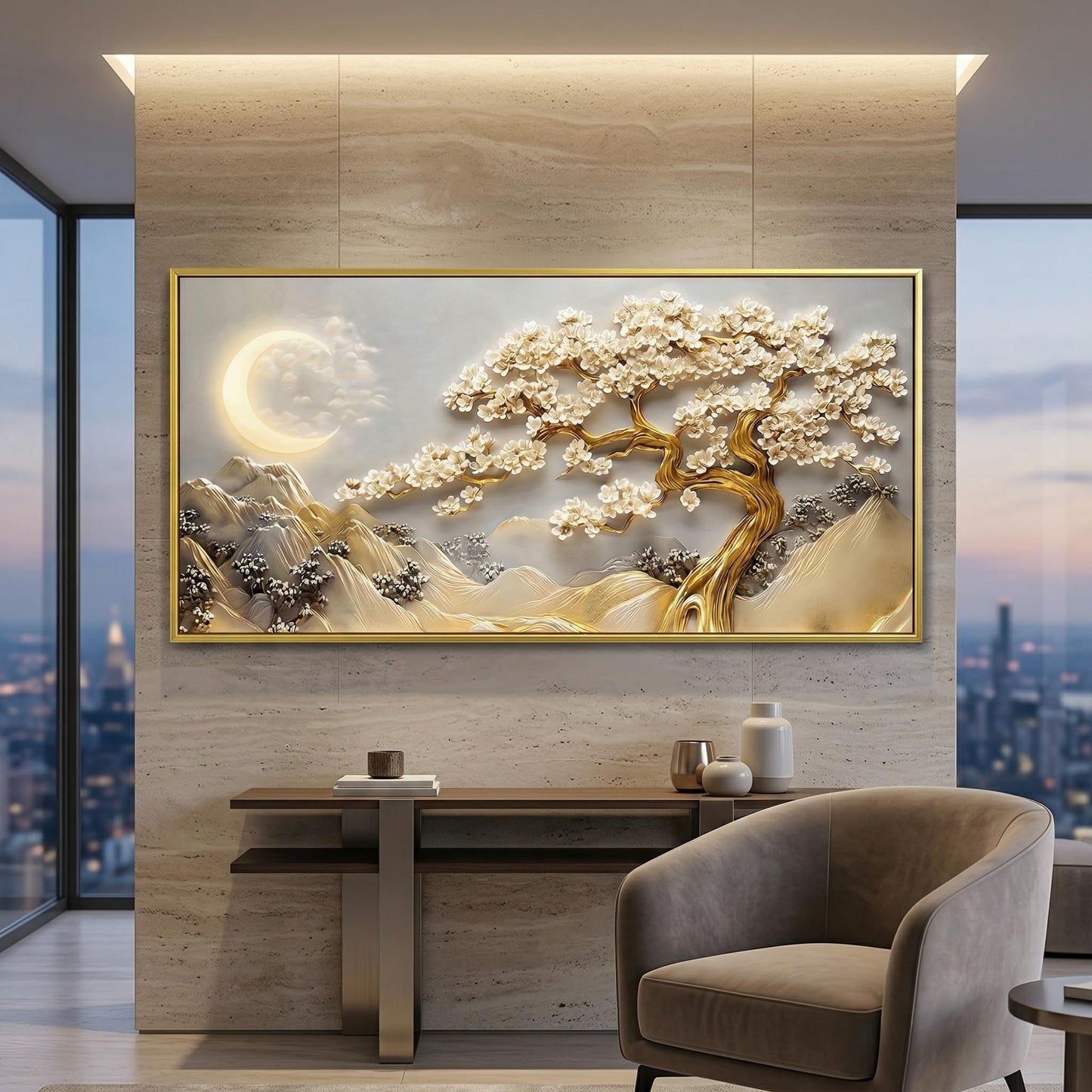 BirdSuite Gold Framed Lucky Tree Wall Art, Framed Canvas Print with Golden Tree & Moon Landscape, Ready to Hang Wall Decor for Living Room Bedroom Office Dining Room Entryway 48x24 inchs