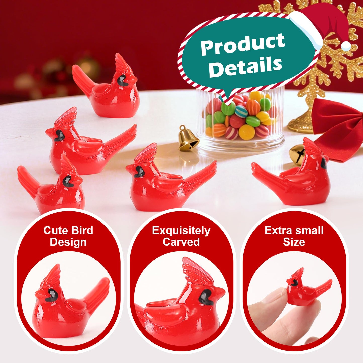 XHDMY 40 Pcs Mini Resin Red Cardinal Birds Christmas Tree Ornaments Bulk Tiny Animals Figurines for DIY Craft Supplies Mini Garden Decor Party Cake Toppers Dollhouses Xmas Gift