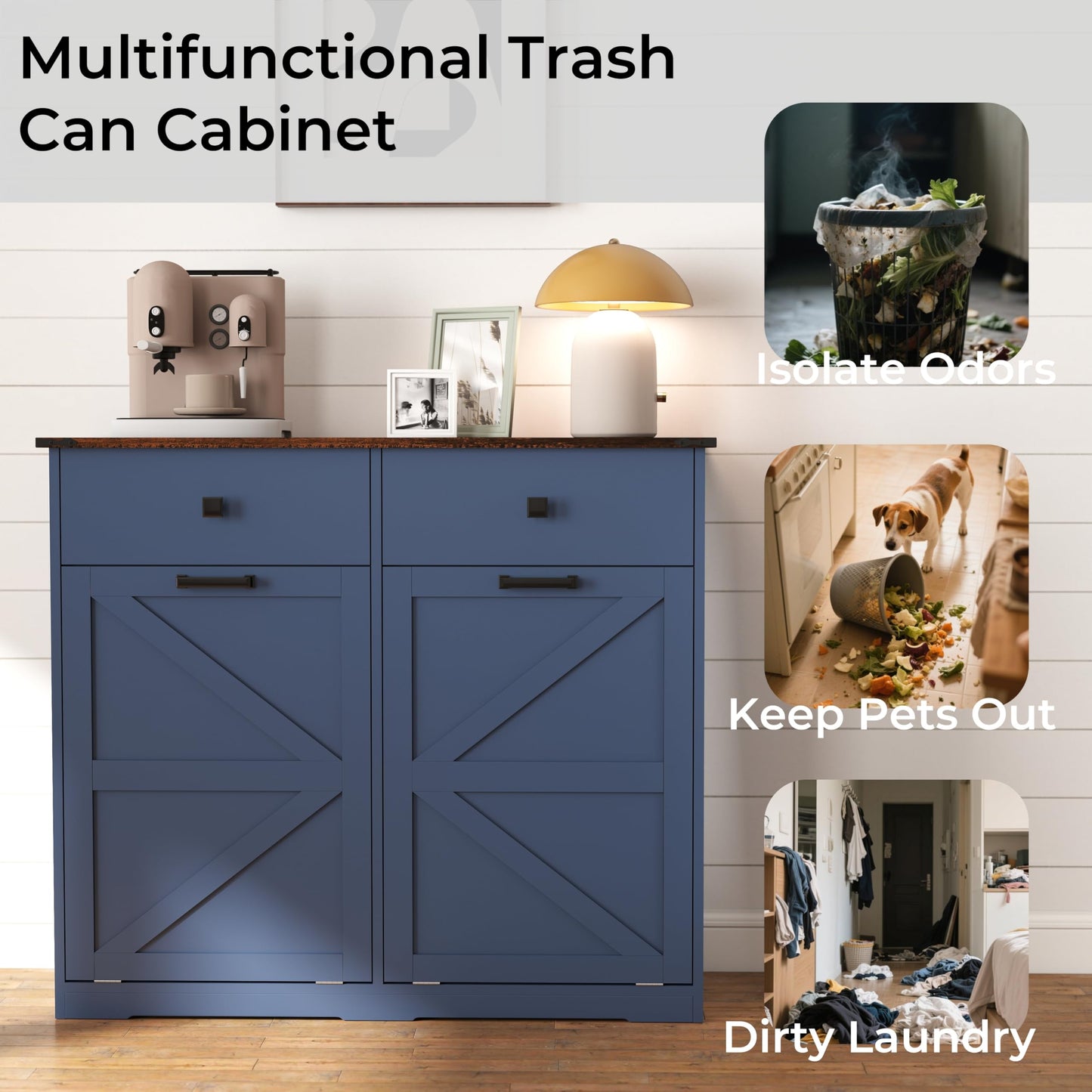 HUYYA Modern Sideboard Cabinet Buffet Storage Console Credenza for Dining Room, Free Standing Tilt Out Trash, Laundry Sorter Cabinet with Sturdy Construction and Easy Clean Surf
