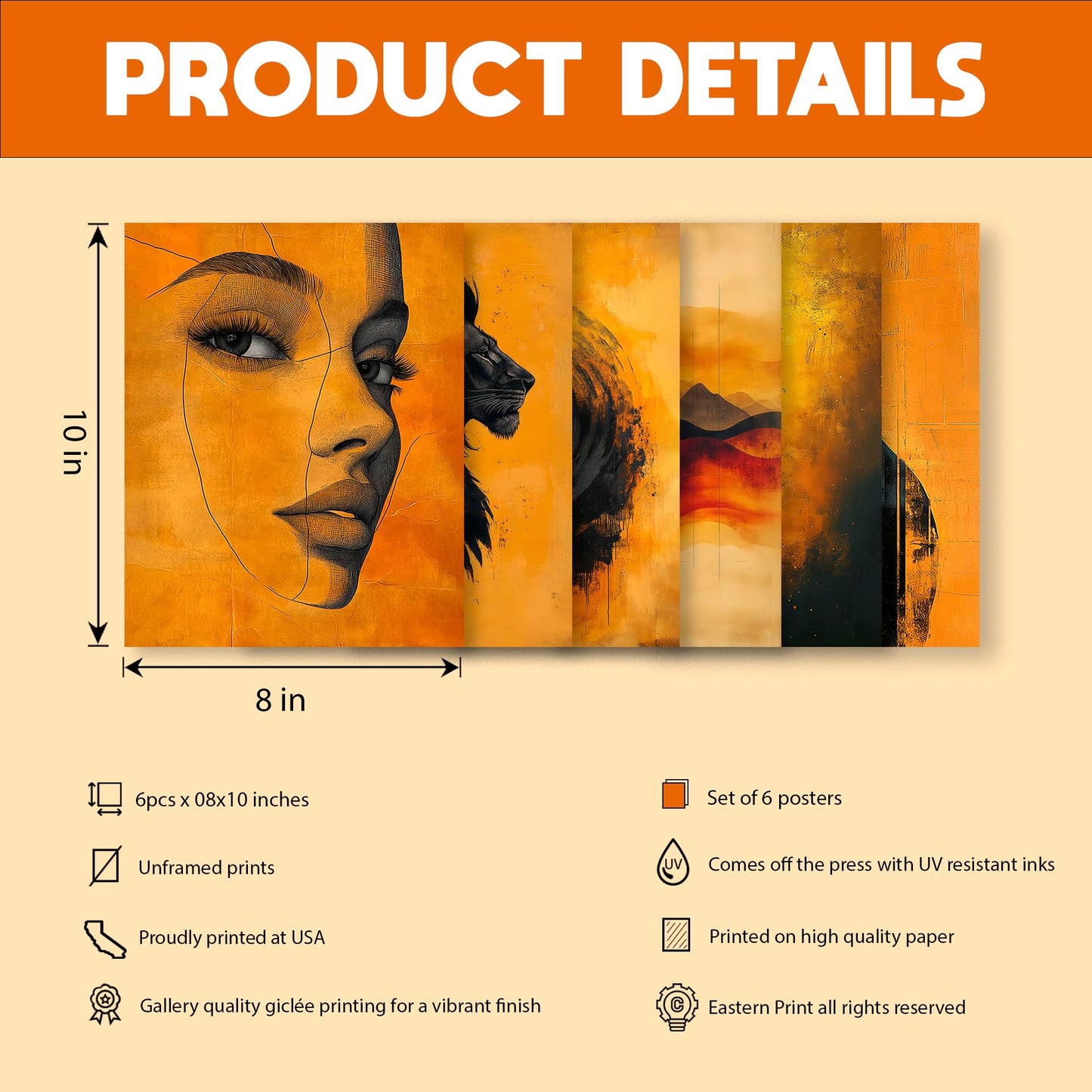 Eastern Print Set of 6 Abstract Masculine Wall Art Prints – Bold Orange & Black Lion, Silhouette, Face Line Posters – Modern Unframed 8x10 Decor for Men’s Room, Office, Man Cave or Creative Studio