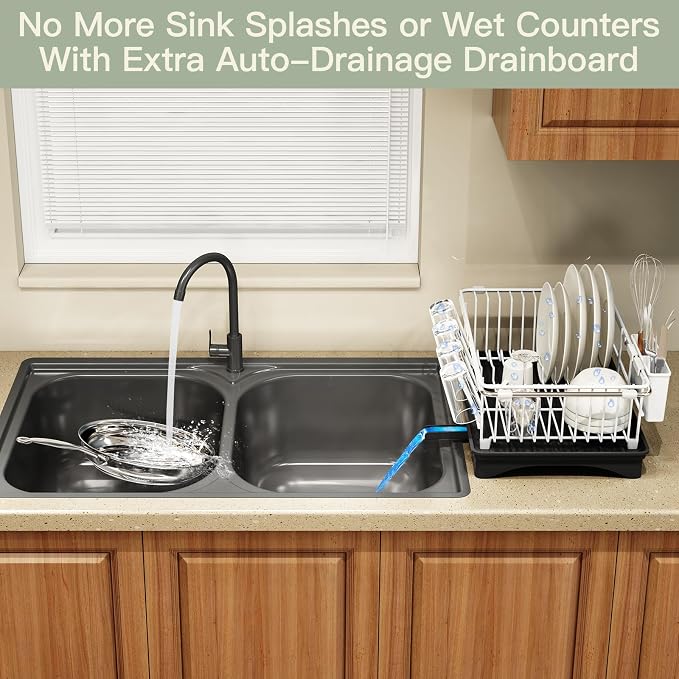 MAJALiS White Dish Drying Rack Over Sink with Utensil Holder, Drainboard | Expandable Stainless Steel Dish Drainer for Small Kitchen, Apartment, RV, Counter Space Saving, Perfect Fit, Rustproof