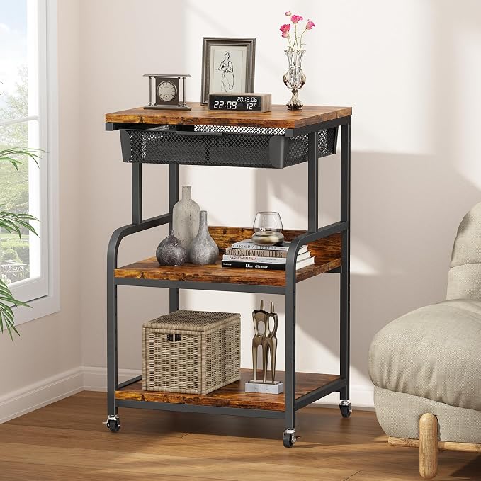 EasyCom Large Printer Stand with Storage Drawer, 5 Adjustable Shelf & 3-Tier Rolling Cart with Industrial Wheels for Desk, Mobile Printer Table for Home Office Fits 3D Printer Scanner Fax Rustic Brown