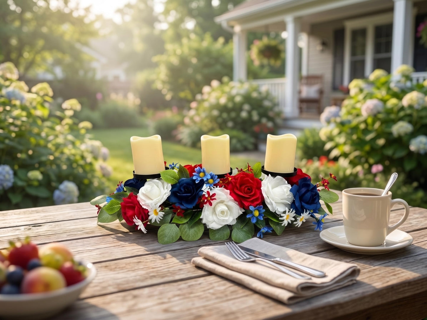 Svndlyn 4th of July Decorations,Patriotic Floral Arrangement Centerpiece for Table,Centerpiece with 3 Candle Holder,Red White and Blue Fake Rose Flowers for Independence Day Home Decor,Memorial Day