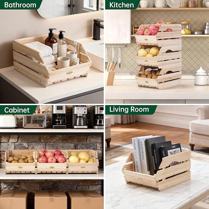 HABAU Wood Potato Onion Storage Bins - Wooden Stackable Produce Basket - Fruit Vegetable Storage for Kitchen Pantry Organization, Set 3 Pieces