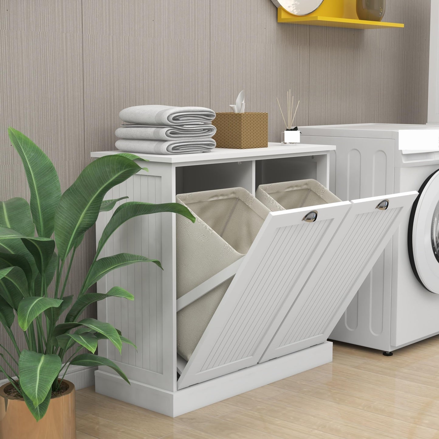 Contemporary Storage Cabinet, Two-Compartment Tilt-Out Laundry Sorter Cabinet, for Bathroom Hallway