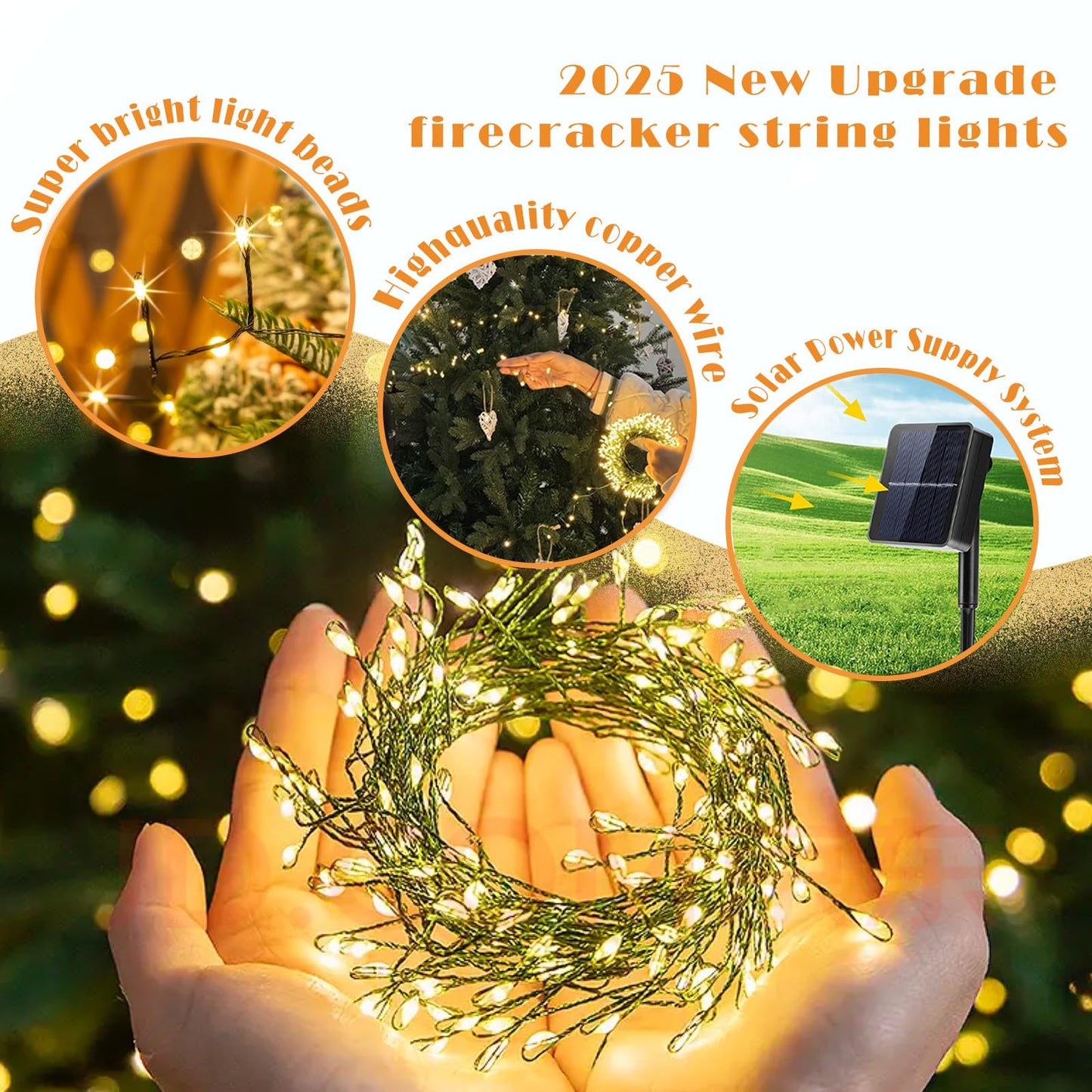 ITICdecor Solar Powered String Lights Outdoor 9.8FT 120 LED Waterproof Firecracker Fairy Lights with 8 Modes Green Copper Wire for Christmas Garden Wedding Patio Garden Yard Decor