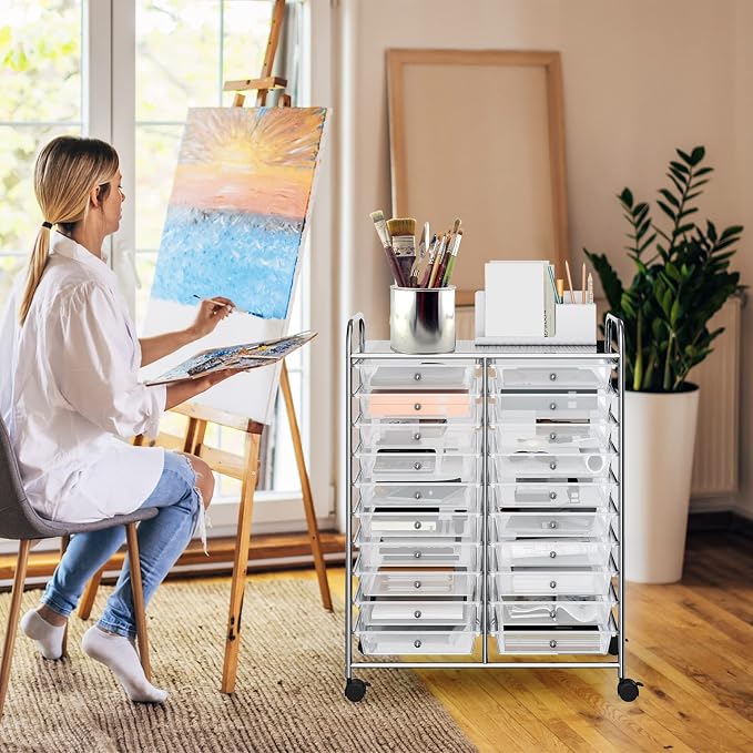 COSTWAY 20 Drawers Rolling Storage Cart, Multipurpose Movable Organizer Cart for Tools, Scrapbook, Paper, Craft, Utility Storage Trolley on Wheels for Home Office School (Clear)