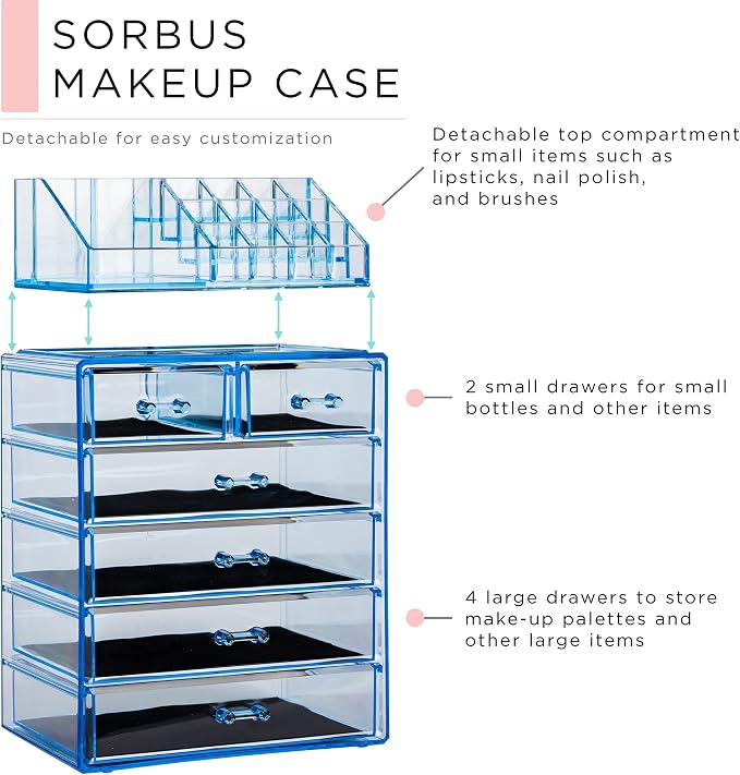 Sorbus Acrylic Makeup Organizer Set, 6-Drawer Vanity & Countertop Cosmetic Storage with Small & Wide Compartments, Blue Brilliance Makeup Storage for Brushes, Jewelry – Holiday Gift for Women & Teens