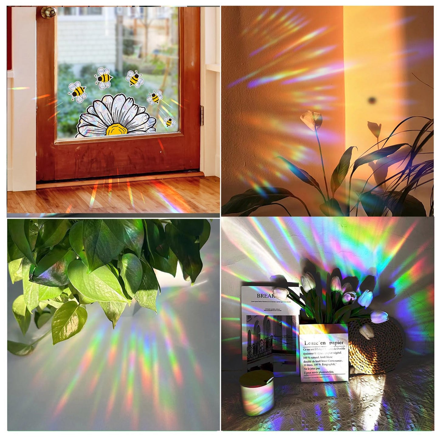 Trantranapa Bee and Sunflower Suncatchers Stickers Prism Glass Decor Anti-Collision Stickers for Birds Vinyl Window Clings Glass Decal for Home Mirror Sticker Flower Window Gels(Bee and Flower)