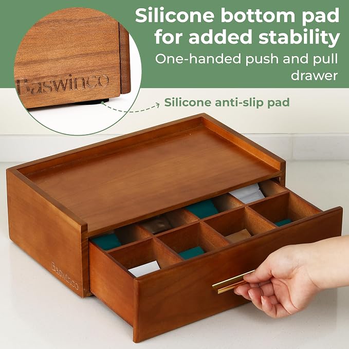 Tea Bag Organizer for Counter – Easy Pull Drawer, Anti-Slip Pads, Wooden Tea Organizer, Teabag Holder, 8 Compartments Drawer Storage, Flat Top Tea Station, Tea Box for Standard & Premium Bags