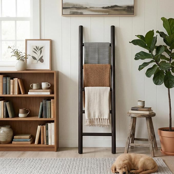 Wooden Blanket Ladder - 57in Natural & Motley Wood - Leaning Wall Decor for Bedroom, Bathroom, Living Room - Rustic Quilt Holder & Towel Rack (Dark Walnut, 57in | Fully Assembled)