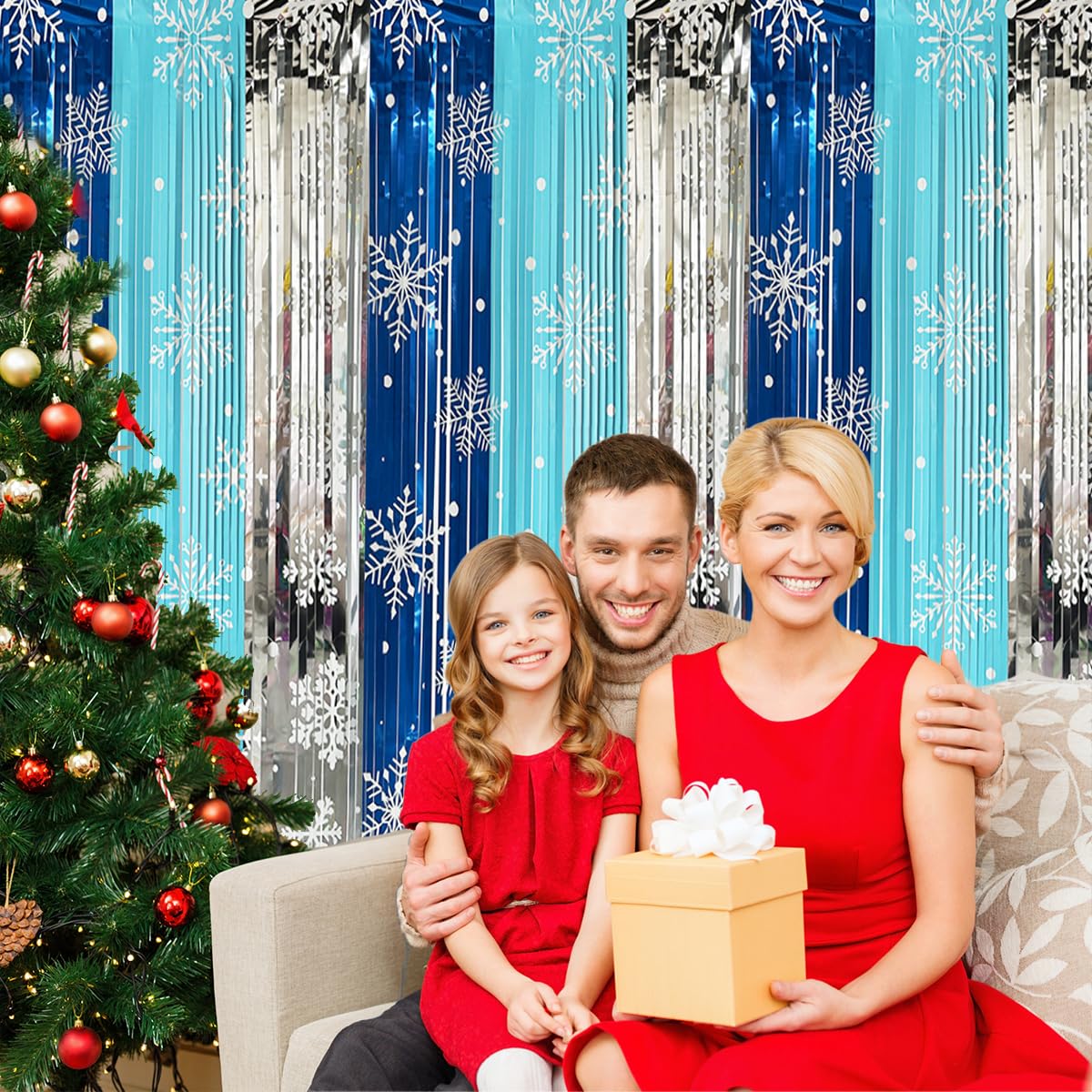 3 Pack Winter Themed Party Foil Fringe Curtain Backdrop 3.28x6.56ft,Snowflake Birthday Party Winter Photo Booth Prop Backdrop for Princess Birthday Party Christmas Winters Wonderland Decorations
