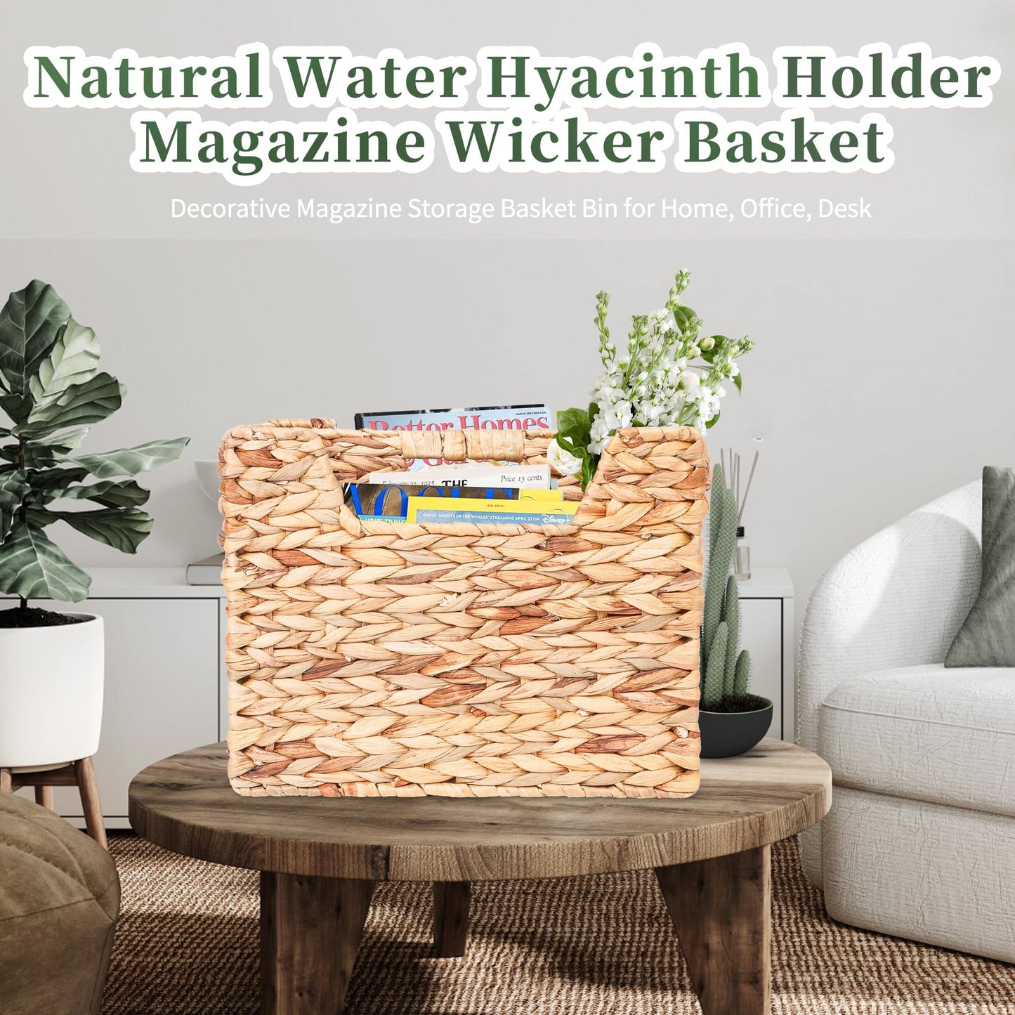Magazines Holder - Wicker Magazine Rack, Handwoven Magazine Holders for Bathroom, Magazine Organizer for Books, Newspaper, Water Hyacinth Magazine Basket, 14.2 x 11.4 x 6.7 inch