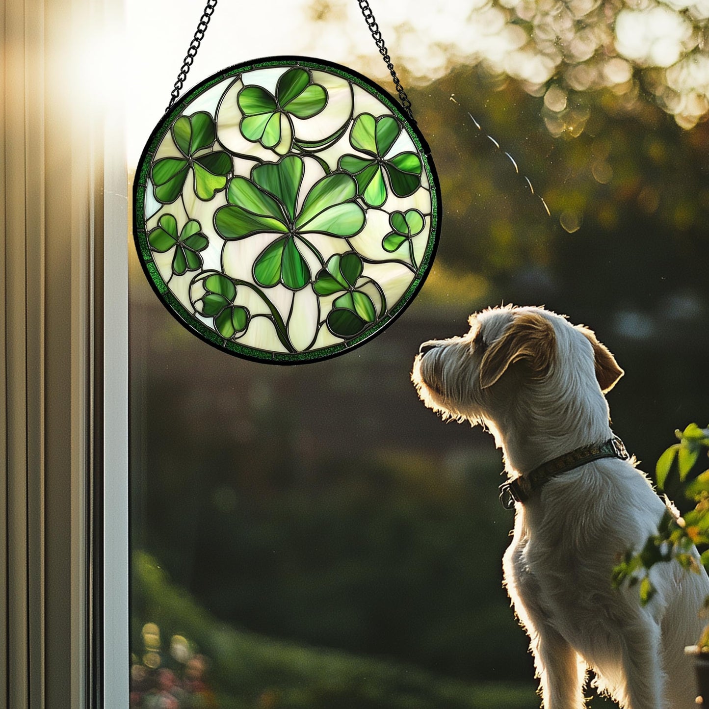 CRISGIF Stained Glass Window Hanging - Ireland Green Lucky Clover Suncatcher for Doors Garden St. Patrick's Day Sun Catchers Decor Mother's Day Birthday for Women Men Mom Nana 7.8 in