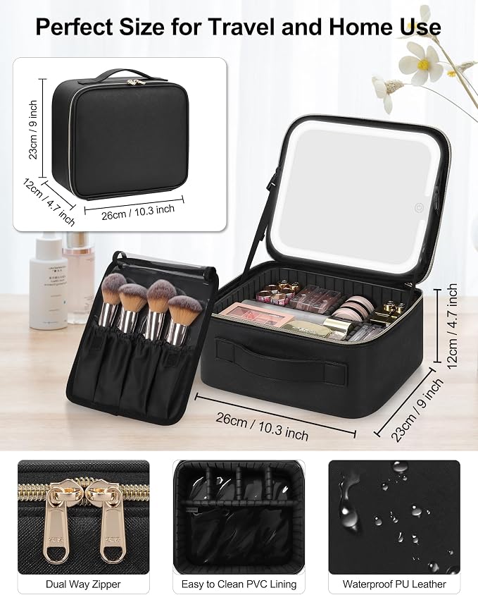 Chomeiu Makeup Bag with LED Mirror, Travel Makeup Case for Women and Makeup Artists Cosmetic Organizer Large Make Up Bags with Light Up Mirror, 3 Color Lights with Separate Brush Holder
