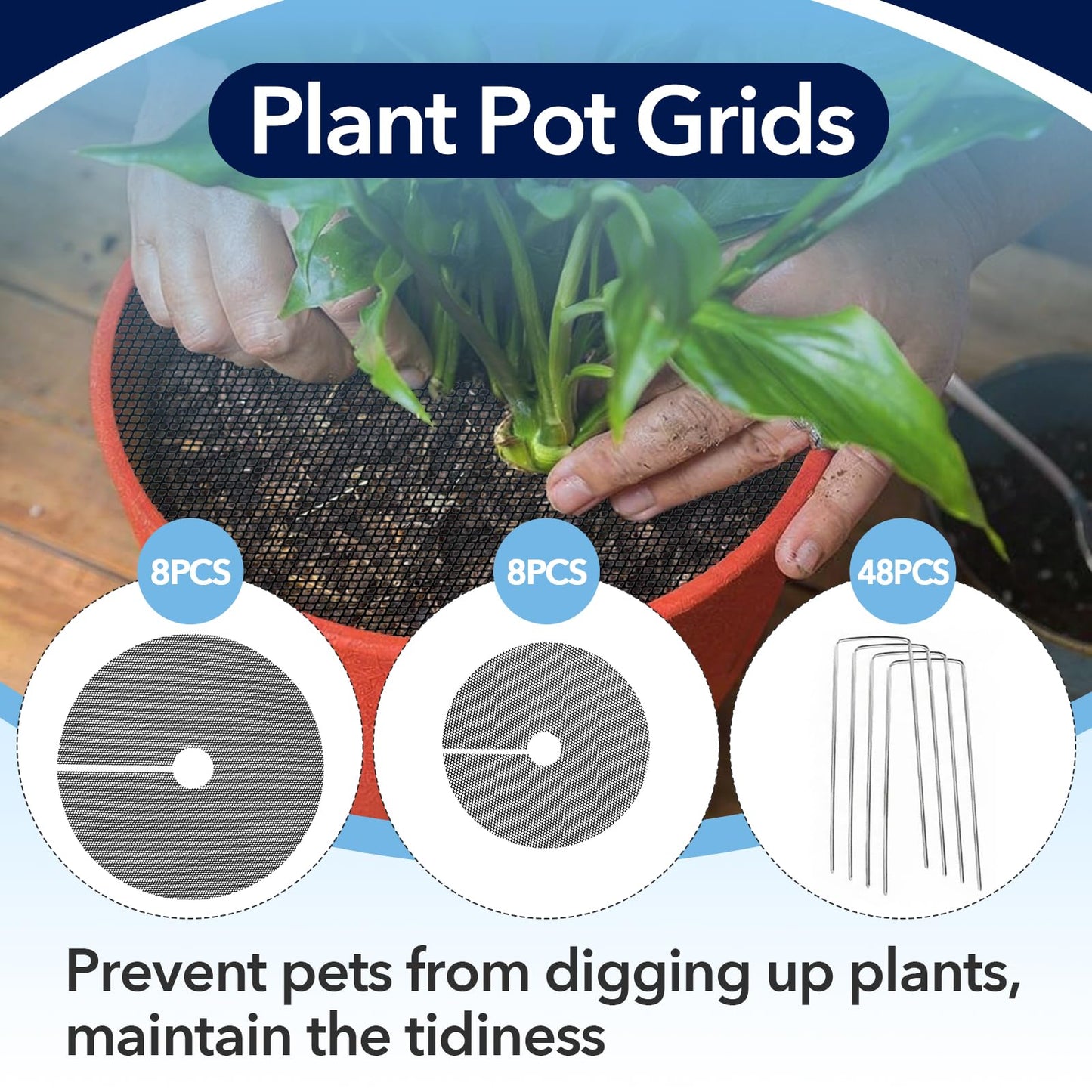 CuraceQ 8PCS 15.7 Inch Plant Pot Grids and 8PCS 11.8 Inch Plant Pot Grids Includes 48 Ground Stakes, Plant Pot Soil Cover Protectors from Animals