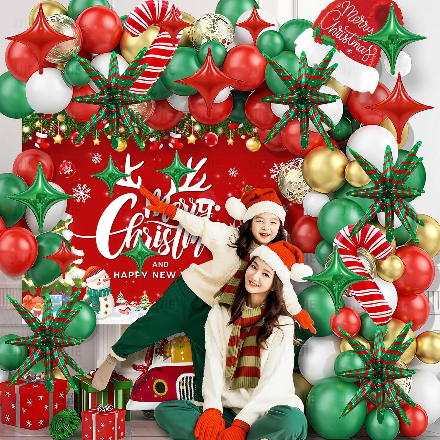 17PCS Christmas Foil Balloon Set, Including Popping Stars and Four Pointed Stars Balloons, Suitable for Christmas Party Decorations, Holiday Home and Event Supplies