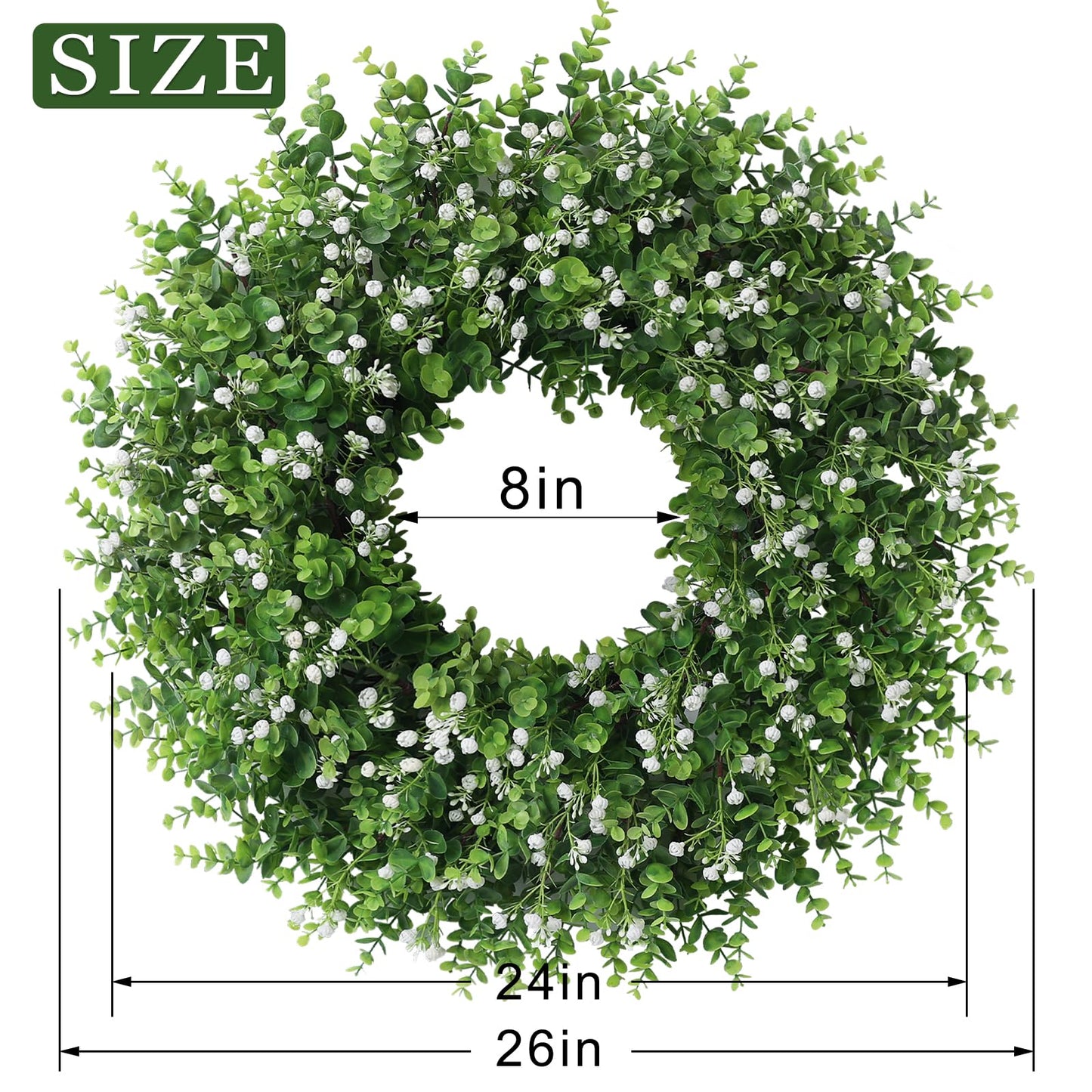 26" Artificial Eucalyptus Wreath with Baby's Breath for Front Door - Faux Eucalyptus Leaves, Fake Spring/Summer Greenery Flowers Wreath for Porch, Farmhouse, Wall, Window Outdoor Decor(White-Green)