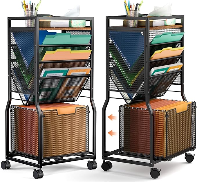 DAOUTIME 8 Tier Rolling File Cart with Hanging File Folder Organizer, Mobile File Organizer with 2 Sides Access Bookcase, Beside/Under Desk Cart with Wheels for Office Home School