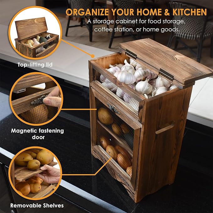 Ikee Design Free Assemble Wooden Countertop Potato and Onion Storage Bin Box,Countertop Cabinet, Wooden Bread Boxes, Potato Storage, Coffee Station, 11.8W x 6.8D x 16H in, Rustic Color