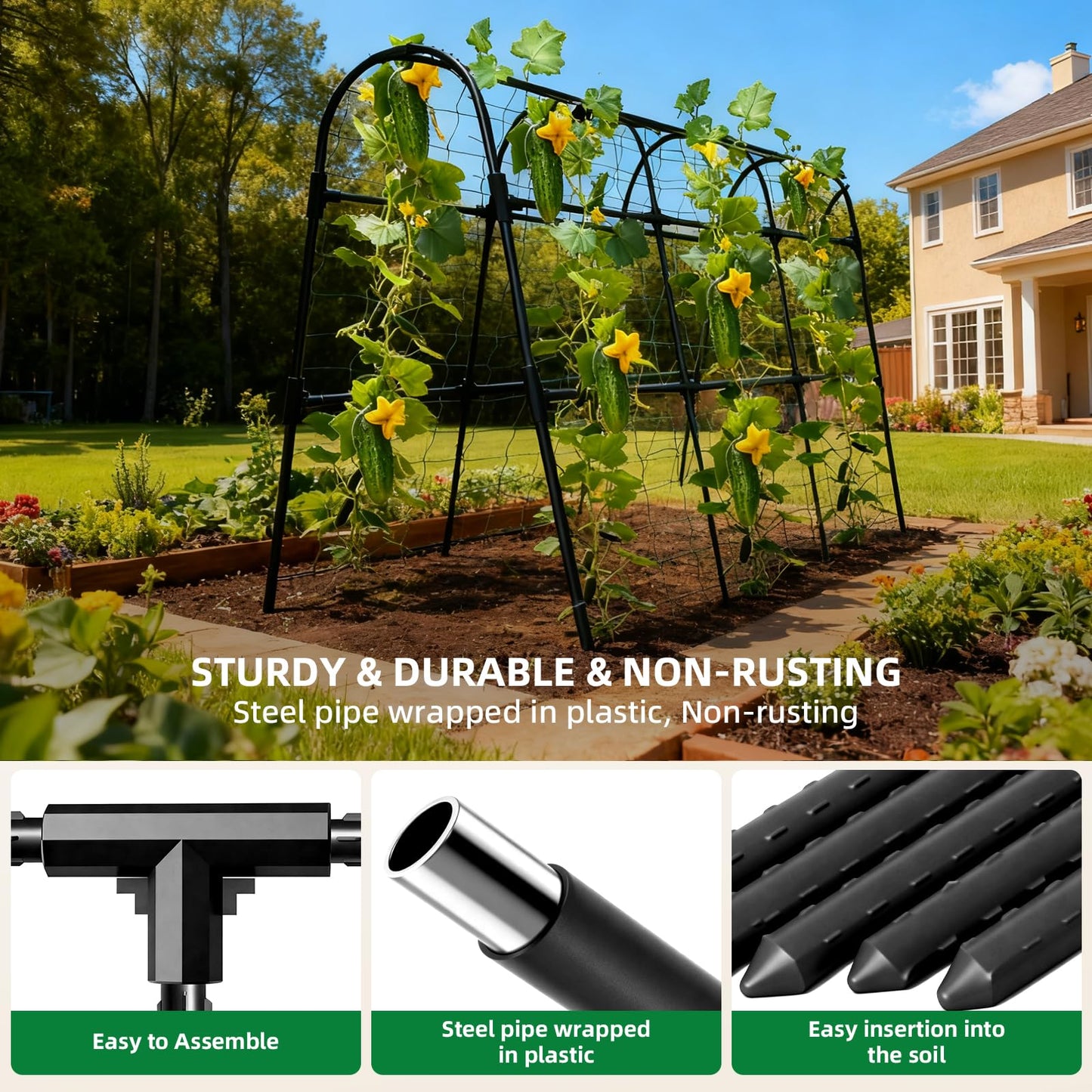 Laodier Cucumber Trellis for Raised Bed, U-Shape Garden Arch Metal Support for Climbing Plants, Metal Arch Plant Support Vegetables Trellis, Plant Support for Vine Outdoor (Black, 47*30*47inch(L*W*H))