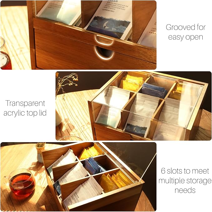HTB Large Tea Organizer 2 Tier with Drawer, Tea Bag Organizer with Acrylic Transparent Hinged Lid, 9 Compartments Wooden Tea Bag Holder for Home, Office, Tea Parties