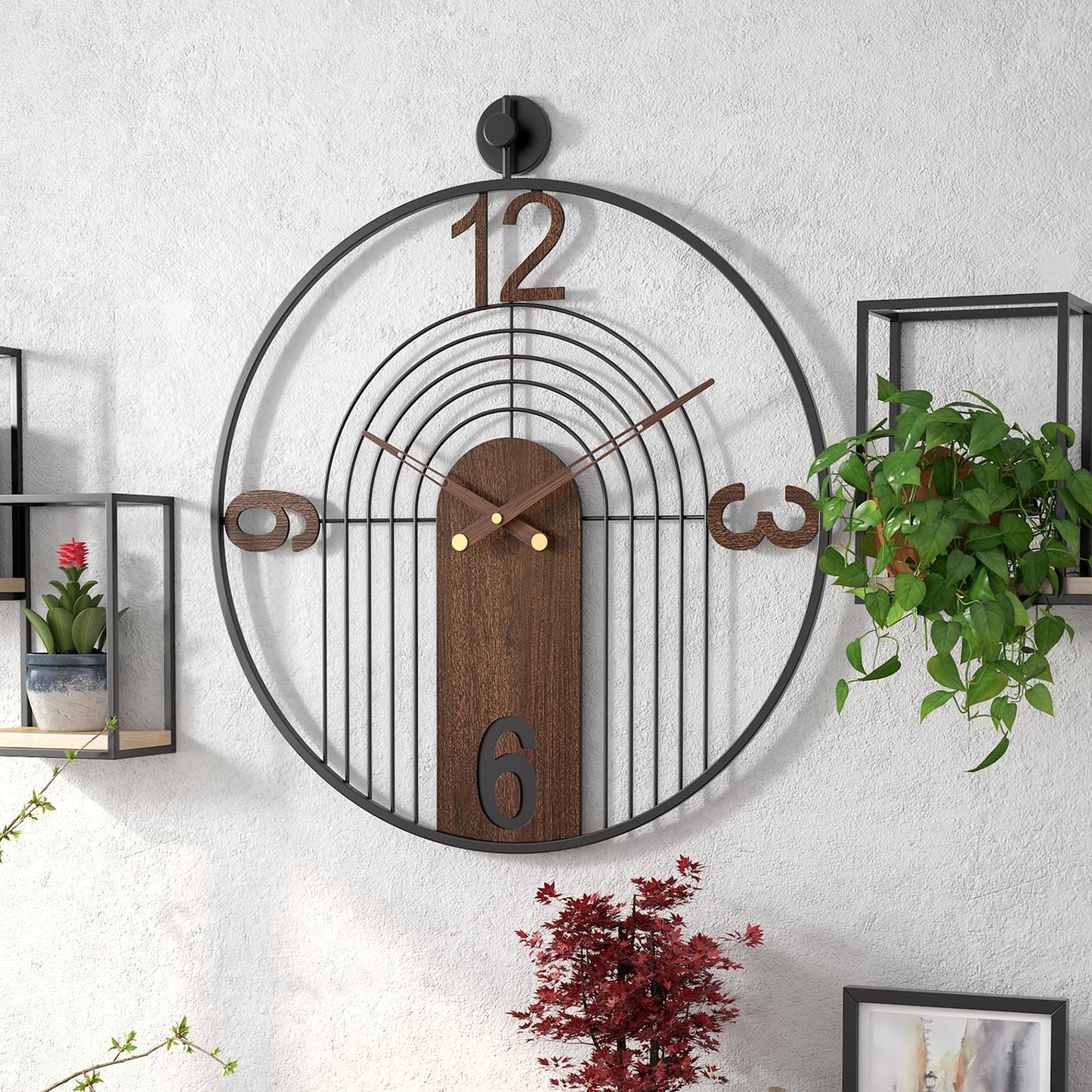 VIVIFLYSE Modern Large Walnut Dial Wall Clock, Wood Metal Frame Silent Non Ticking Wall Clocks Decoration for Living Room, Bedroom, Kitchen, Study, Handmade Home Decor Present Idea, 22 Inch