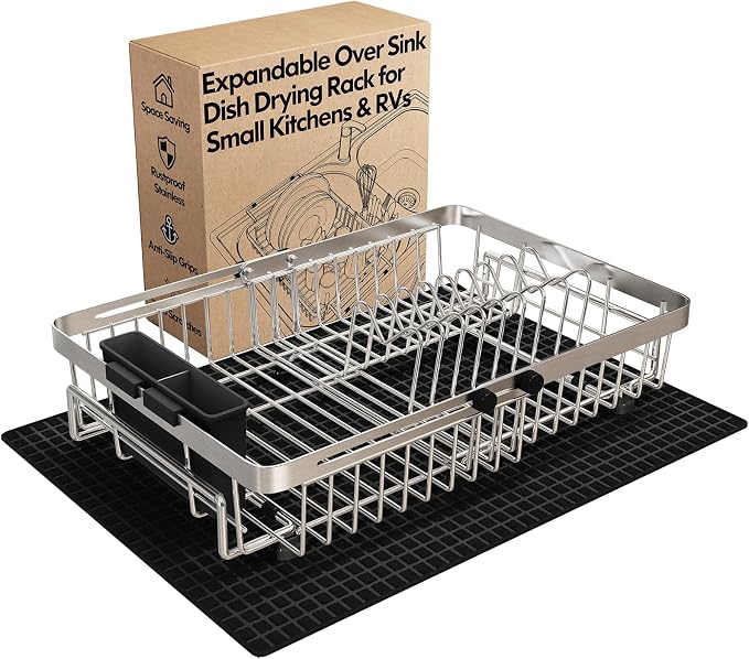 MAJALiS Dish Drying Rack Over The Sink with Utensil Holder, Mat | Expandable Stainless Steel Dish Drainer for Small Kitchen, Apartment, RV, Counter Space Saving, Perfect Fit, Rustproof