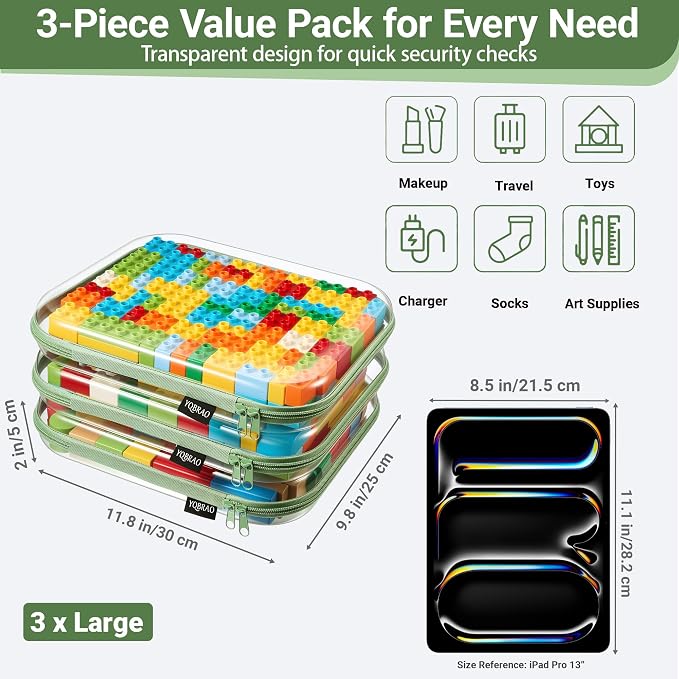YQBRAO 3-Pack Large Clear Hard Shell Zipper Case, 1.2mm Ultra-Thick Rigid Toy & Closet Organizer, Heavy-Duty Diaper Bag Pouch Set with YKK Zippers, Waterproof Travel Storage (Green)
