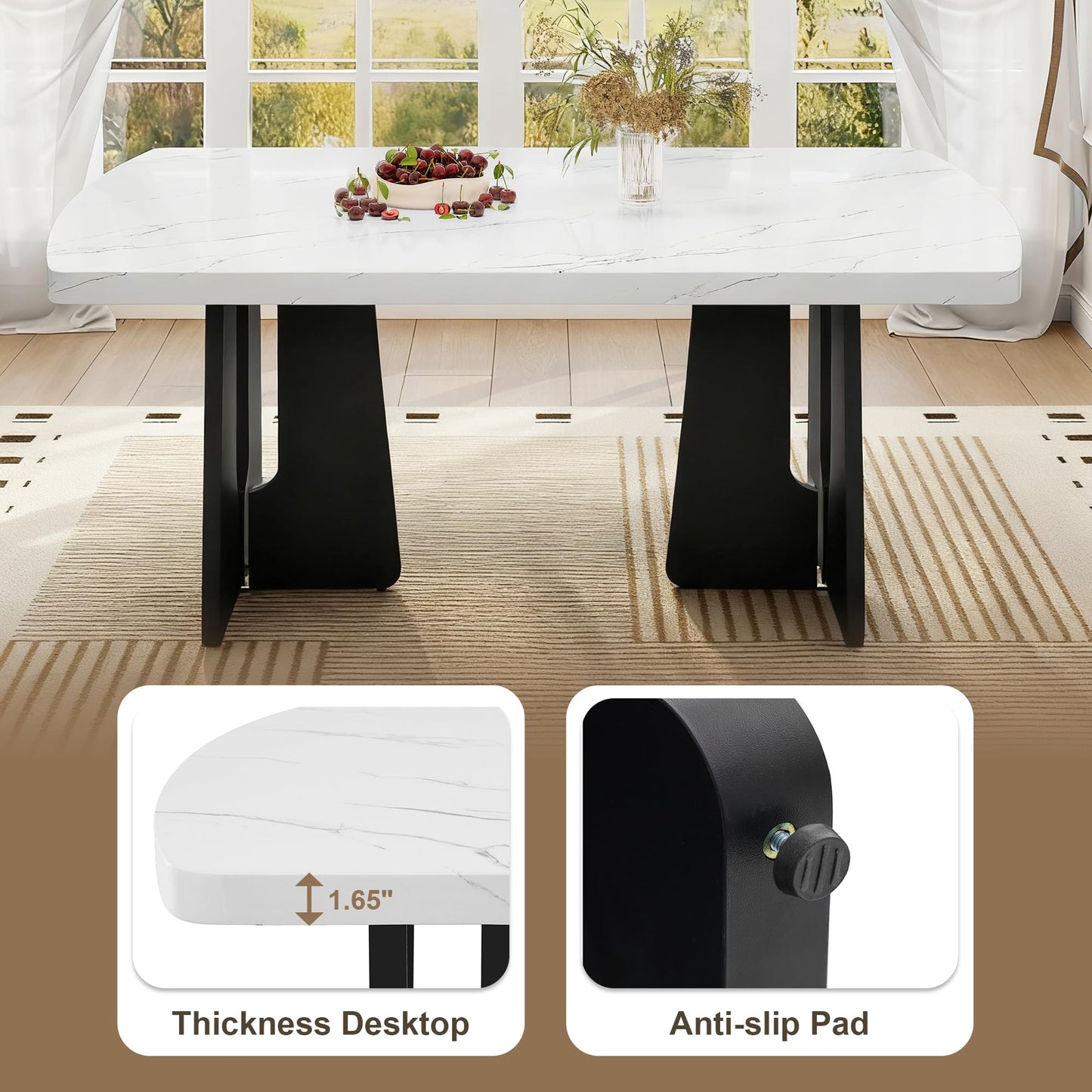 63" Faux Marble Dining Table for 6-8, Rectangular Kitchen Table with Unique Base, MDF Marble Look Top with Rubber Wood Legs, Sturdy Modern Dining Room Table for Home Kitchen, Black & White