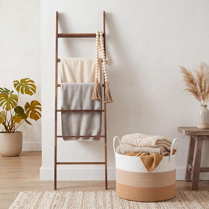 Novabright 3 Pcs Farmhouse Living Room Decoration Set with 5.6 Ft Wooden Blanket Ladder 20 x 13 Inches Large Woven Blanket Basket 58 Inches Wood Bead Garland with Tassels for Bedroom Home Decor