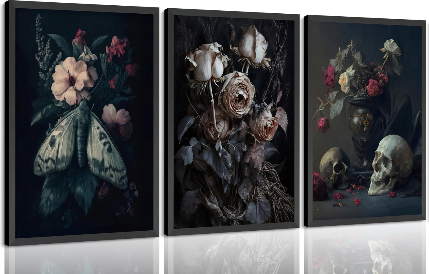 ASEKBWL 3Pcs Gothic Poster Wall Art Dark Academy Moth Rose skull Horror Painting Picture Wall Decor Creepy Moody Halloween Canvas Print Artwork for Bathroom Living Room Study Home Decoration Unframed