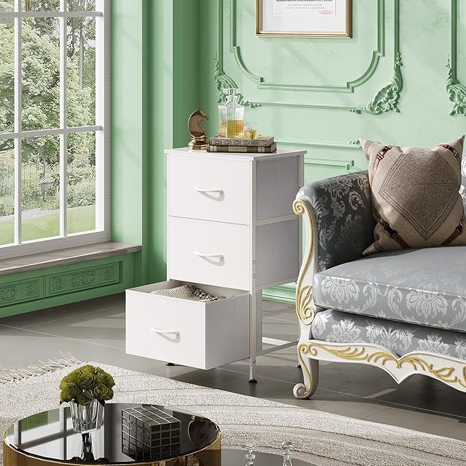 WLIVE Nightstand with 3 Drawers, Fabric Dresser, Organizer Unit, Storage Dresser for Bedroom, Hallway, Entryway, Closets, Sturdy Steel Frame, Wood Top, Easy Pull Handle, White