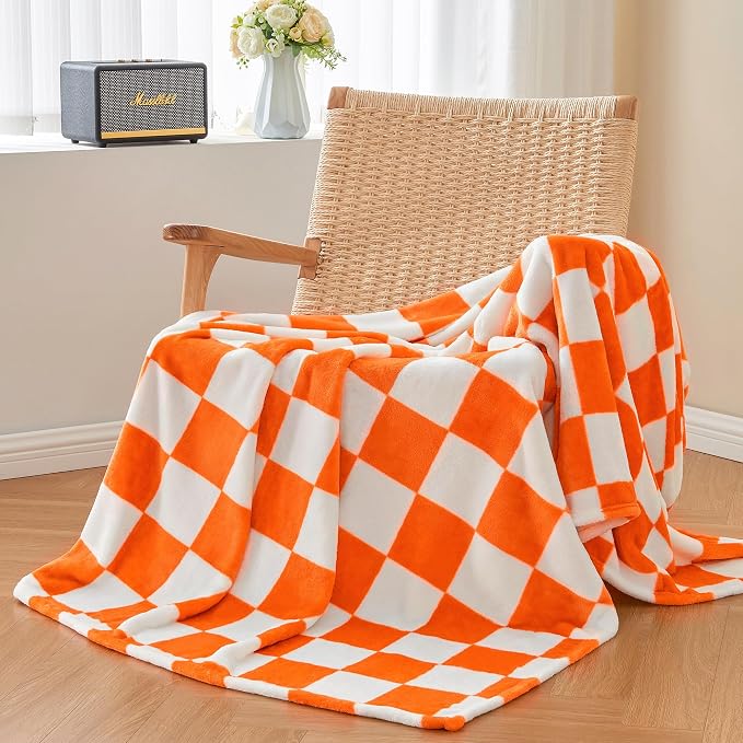 BEDELITE Checkered Twin Blanket for Couch Bed, Soft & Cozy Fleece Flannel Blanket with Checkerboard Grid Home Decor, Checkered Orange Tennessee Blanket, 60x80 Inches