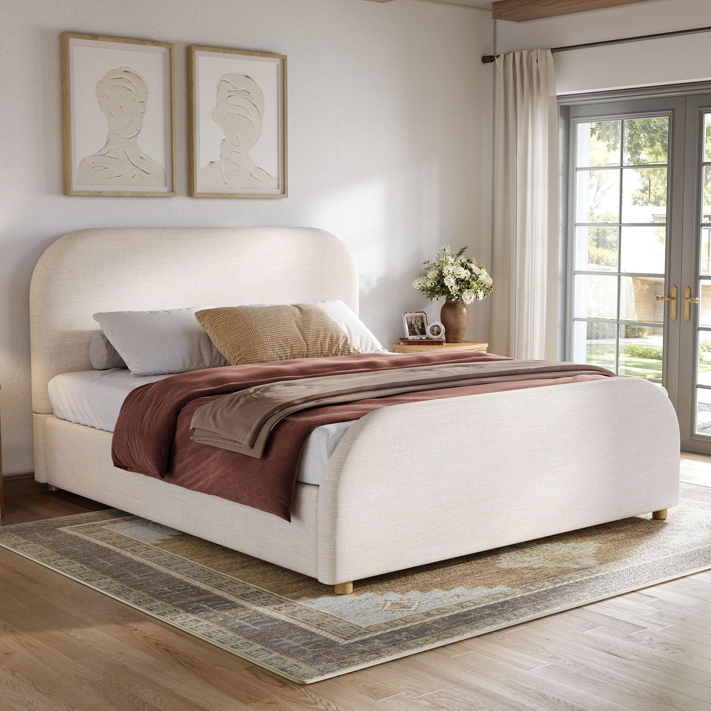 Christopher Knight Home Lanet Linen Upholstered Queen Size Bed Frame with Headboard, Modern Queen Bed Frame and Headboard, Wooden Slats Support, Easy Assembly, No Box Spring Needed, Beige
